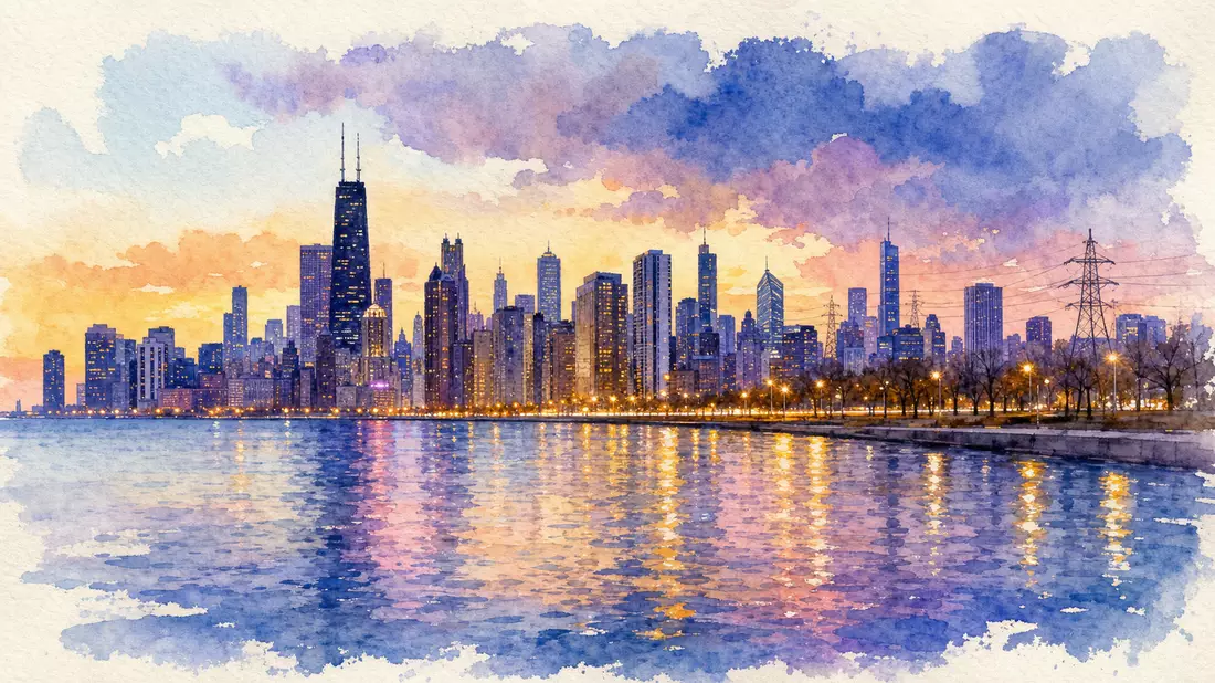 Aquarell der Chicago-Skyline mit Seereflexionen in Gold und Violett bei Sonnenuntergang