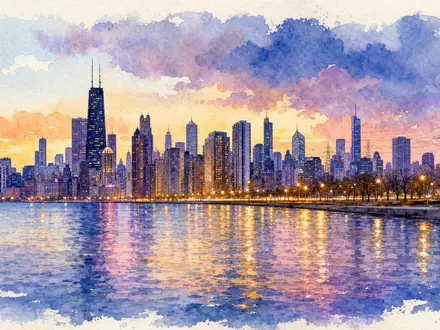 Exelon Corp. Aquarell der Chicago Skyline am Michigansee bei DĂ€mmerung, ISIN US30161N1019, malerische Stadtansicht - Foto: THN