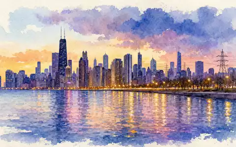 Exelon Corp. Aquarell der Chicago Skyline am Michigansee bei Dämmerung, ISIN US30161N1019, malerische Stadtansicht - Foto: THN