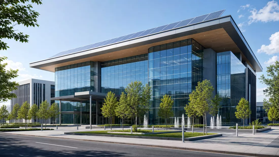 Architektur-CGI eines modernen Glasgebäudes mit Solarpanelen auf dem Dach und Brunnenanlage