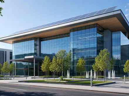 Exelon Corp. modernes Firmenzentrale Gebäude als Architektur Render, ISIN US30161N1019, Glasfassade und Solarpanele - Foto: THN