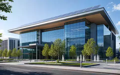 Exelon Corp. modernes Firmenzentrale Gebäude als Architektur Render, ISIN US30161N1019, Glasfassade und Solarpanele - Foto: THN