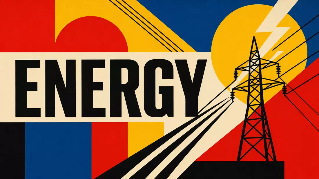 Bauhaus-Poster mit ENERGY-Text, geometrischen Formen und Strommast in Primärfarben
