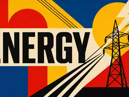 Exelon Corp. Bauhaus Poster mit ENERGY Schriftzug und Strommast, ISIN US30161N1019, geometrische Primärfarben - Foto: THN