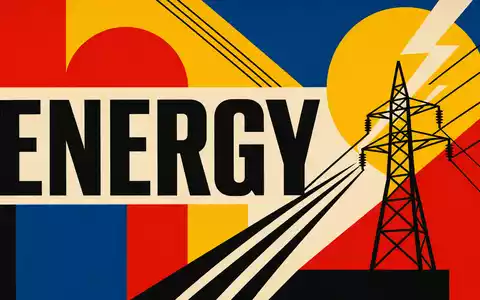 Exelon Corp. Bauhaus Poster mit ENERGY Schriftzug und Strommast, ISIN US30161N1019, geometrische Primärfarben - Foto: THN