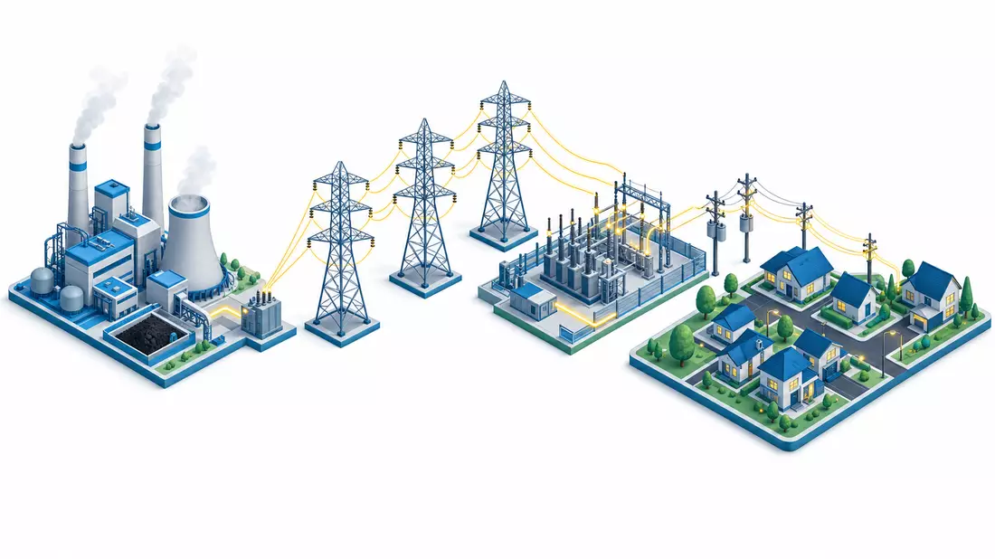 Isometrische 3D-Illustration der Energieversorgungskette von Kraftwerk über Masten bis Haushalte