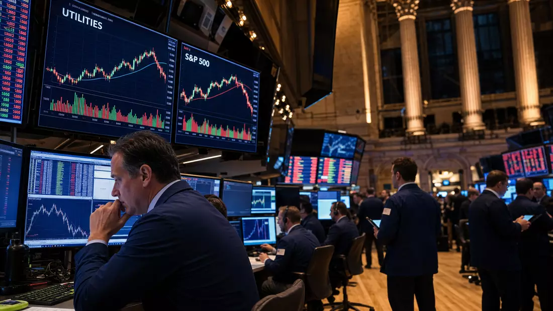Redaktionsfoto von NYSE-Handelsparkett mit UTILITIES- und S&P 500-Charts auf Bildschirmen