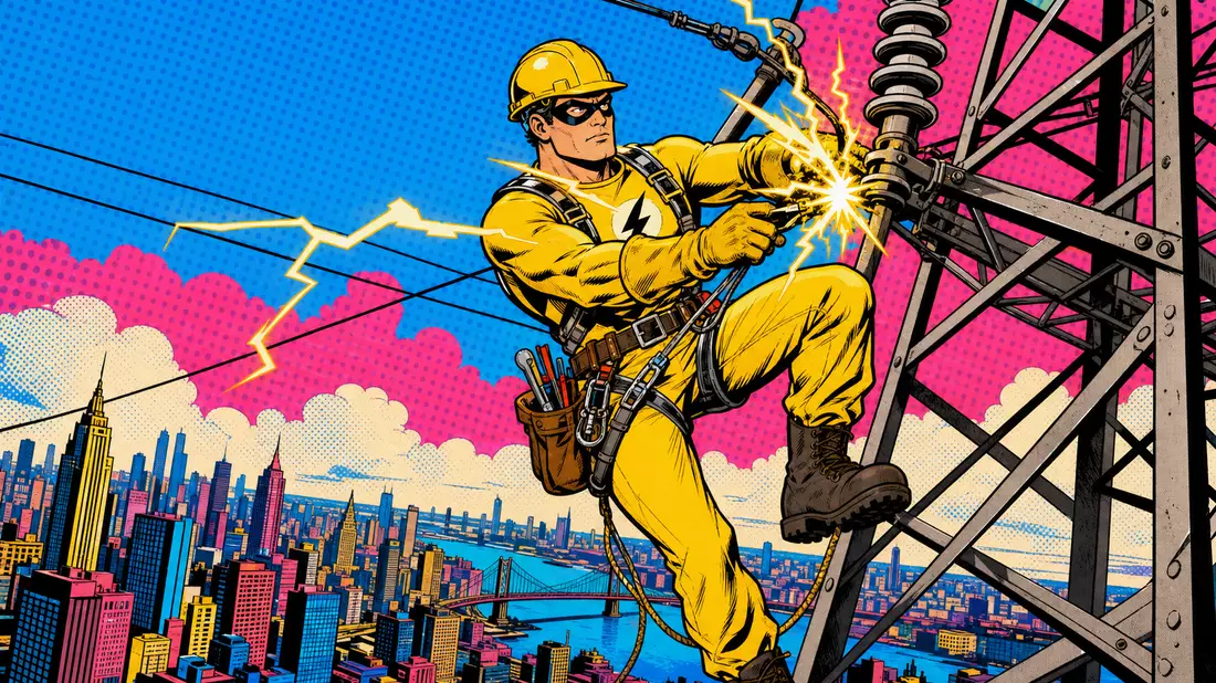 Pop-Art-Comic: Superheld im gelben Overall repariert Hochspannungsleitung über bunter Skyline
