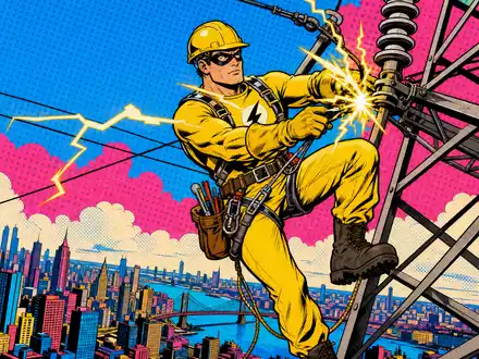 Exelon Corp. Pop Art Comic zeigt Elektriker Superheld am Hochspannungsmast über Skyline, ISIN US30161N1019 - Foto: THN