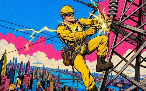 Exelon Corp. Pop Art Comic zeigt Elektriker Superheld am Hochspannungsmast über Skyline, ISIN US30161N1019 - Foto: THN