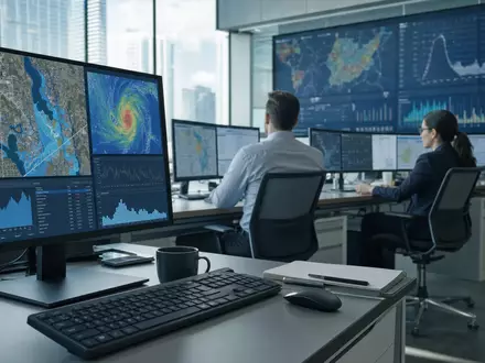 Verisk Analytics (US92345Y1064) zeigt fotorealistisch ein Analystenteam vor großen Risikodaten-Bildschirmen im modernen Großraumbüro - Foto: THN