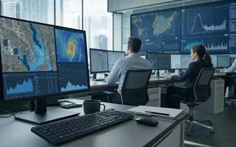 Verisk Analytics (US92345Y1064) zeigt fotorealistisch ein Analystenteam vor großen Risikodaten-Bildschirmen im modernen Großraumbüro - Foto: THN