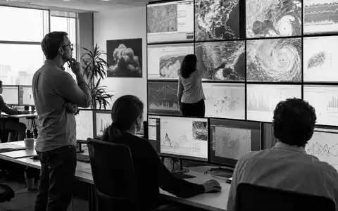 Verisk Analytics (US92345Y1064) dokumentiert schwarzweiß ein Kontrollraum-Team bei der intensiven Analyse von Katastrophenrisiken und Sturmdaten - Foto: THN