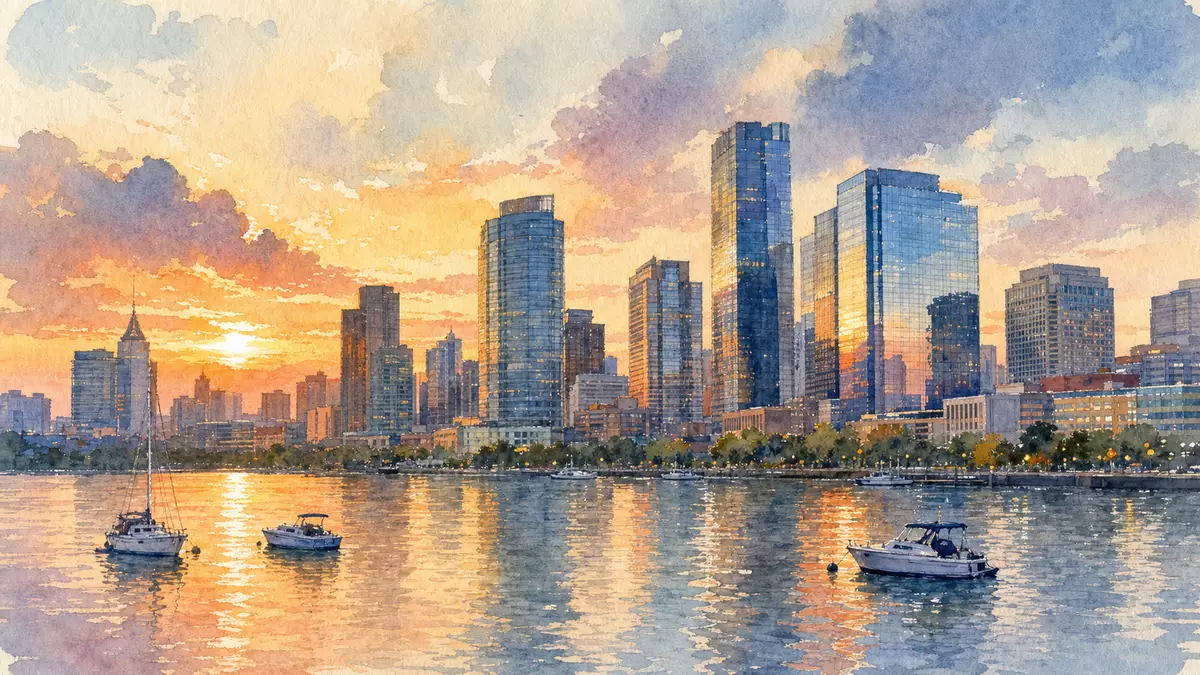 Aquarellmalerei einer US-Skyline mit Bürotürmen und Booten am Flussufer