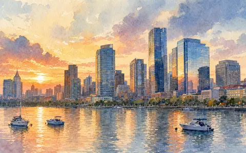 Verisk Analytics (US92345Y1064) präsentiert eine stimmungsvolle Aquarell-Ansicht der US-Bürostadt mit Fluss und Skyline bei Sonnenuntergang - Foto: THN