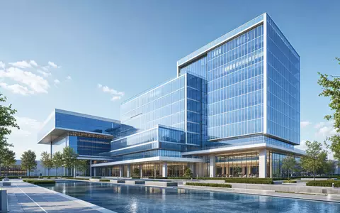 Verisk Analytics (US92345Y1064) zeigt als Architektur-Render ein modernes gläsernes Bürohochhaus mit Wasserbecken und Grünanlage - Foto: THN