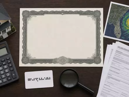 Verisk Analytics (US92345Y1064) inszeniert ein Flatlay mit Aktienzertifikat, Codekarte, Lupe und typischen Versicherungsunterlagen auf Holztisch - Foto: THN