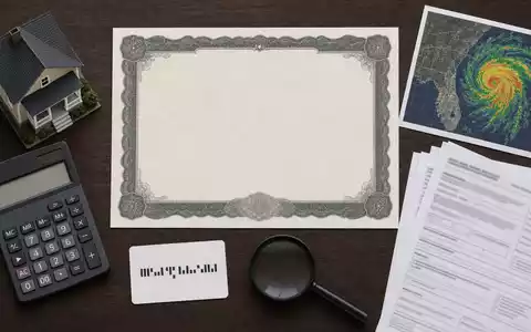 Verisk Analytics (US92345Y1064) inszeniert ein Flatlay mit Aktienzertifikat, Codekarte, Lupe und typischen Versicherungsunterlagen auf Holztisch - Foto: THN