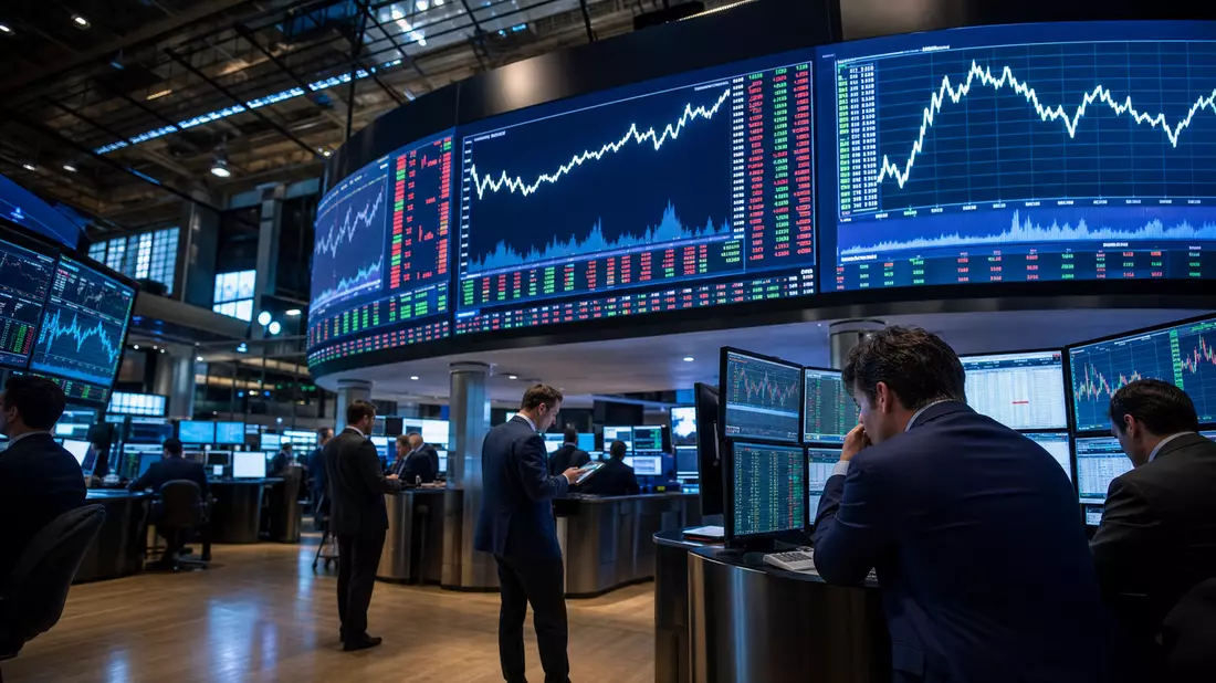 Trader an Handelsplätzen vor großen Kurstafeln im Börsensaal