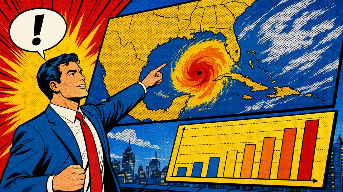 Pop-Art-Comicszene mit Analyst, Sturmkarte und ansteigendem Balkendiagramm