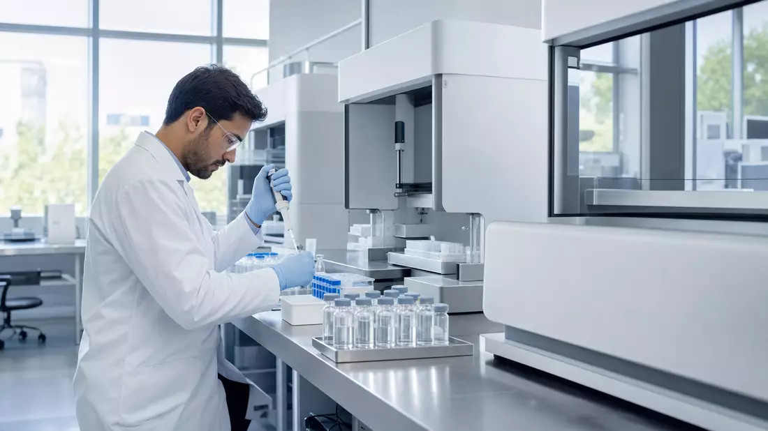 Wissenschaftler pipettiert Proben in modernem Biotech-Labor mit Automatisierungsgeräten