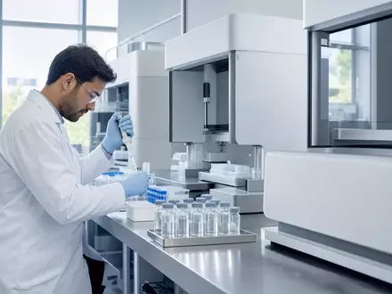 Vertex Pharma US92532F1003 zeigt einen Forscher im modernen Labor mit Pipette an sterilem Edelstahltisch - Foto: THN