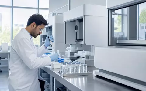 Vertex Pharma US92532F1003 zeigt einen Forscher im modernen Labor mit Pipette an sterilem Edelstahltisch - Foto: THN