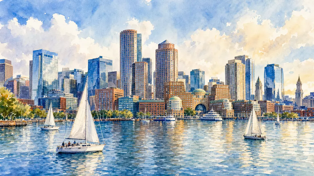 Aquarellbild der Boston-Skyline mit Segelbooten am Hafen im warmen Licht