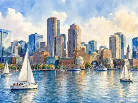 Vertex Pharma US92532F1003 zeigt die Boston Skyline am Wasser in weicher Aquarell-Malerei-Optik mit Segelbooten - Foto: THN