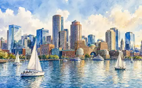 Vertex Pharma US92532F1003 zeigt die Boston Skyline am Wasser in weicher Aquarell-Malerei-Optik mit Segelbooten - Foto: THN