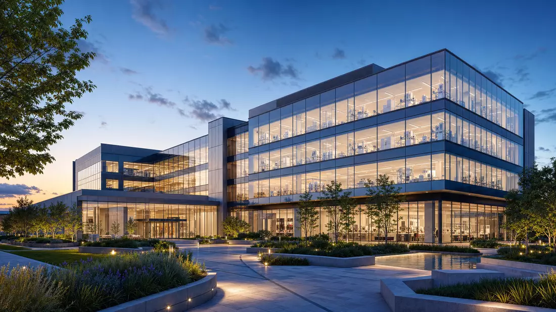 Architekturvisualisierung eines gläsernen Biotech-Forschungsgebäudes in der Abenddämmerung