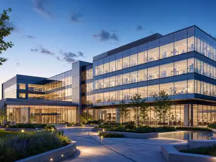 Vertex Pharma US92532F1003 illustriert einen modernen gläsernen Forschungscampus als Architektur-Render in der Abenddämmerung - Foto: THN