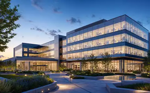 Vertex Pharma US92532F1003 illustriert einen modernen gläsernen Forschungscampus als Architektur-Render in der Abenddämmerung - Foto: THN