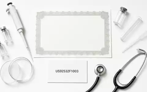 Vertex Pharma US92532F1003 präsentiert eine Flatlay-Anordnung mit Aktienzertifikat, ISIN-Karte und typischen Laborutensilien - Foto: THN