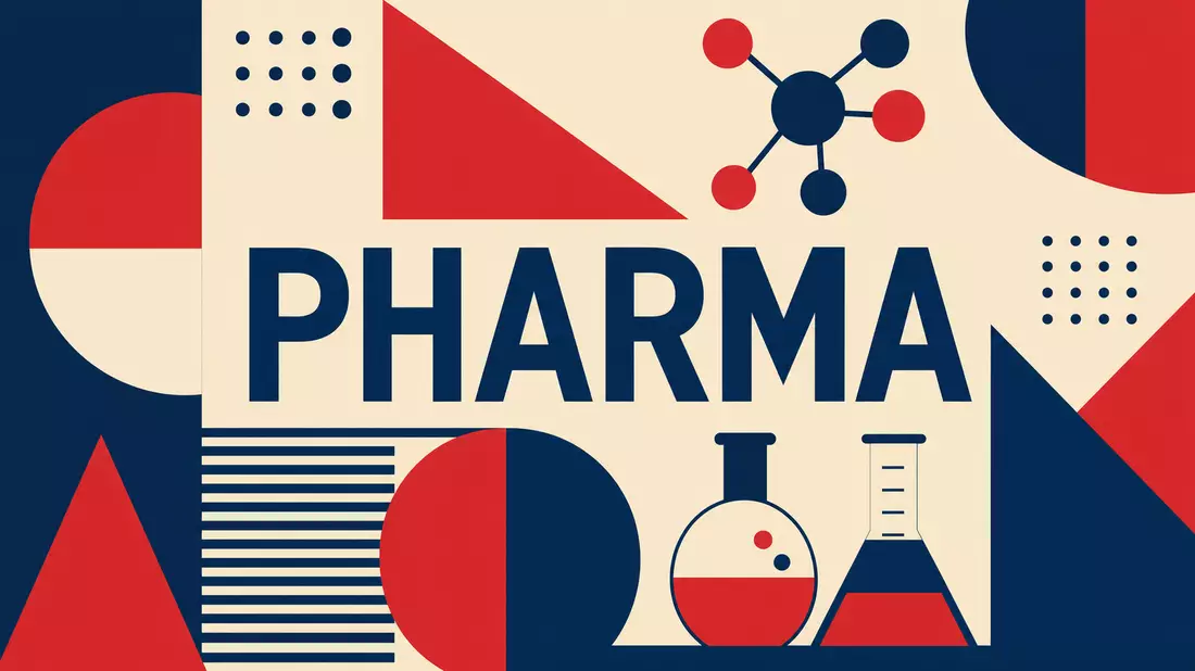 Bauhaus-Poster mit geometrischen Formen, Molekülsymbol und großem Schriftzug PHARMA
