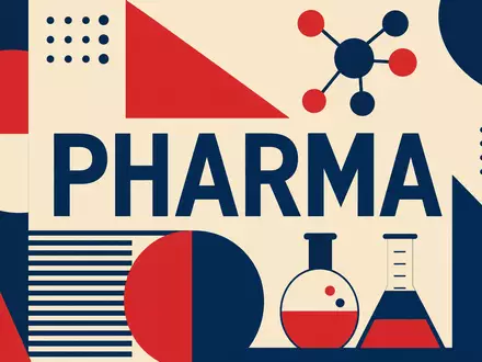 Vertex Pharma US92532F1003 zeigt ein geometrisches Bauhaus-Poster mit Sektor-Text PHARMA und stilisierter Molekülgrafik - Foto: THN