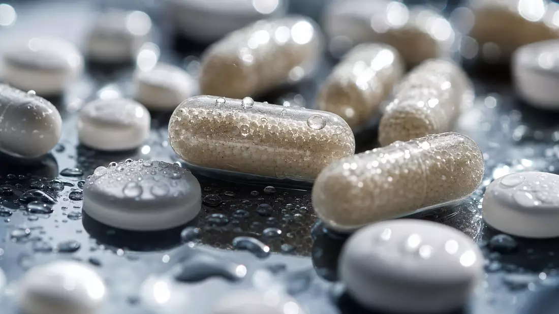Extreme Nahaufnahme von Pharmakapseln und Tabletten auf glänzender Glasoberfläche