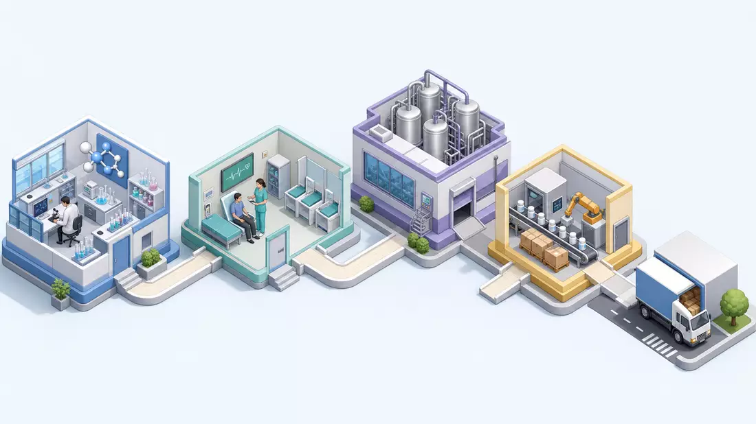 Isometrische 3D-Grafik der Pharma-Wertschöpfungskette von Labor bis Auslieferung