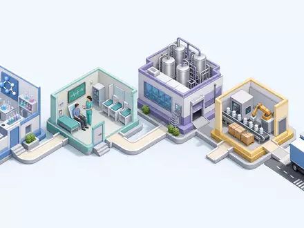 Vertex Pharma US92532F1003 illustriert die isometrische Wertschöpfungskette der Branche von Forschung bis zur Distribution - Foto: THN
