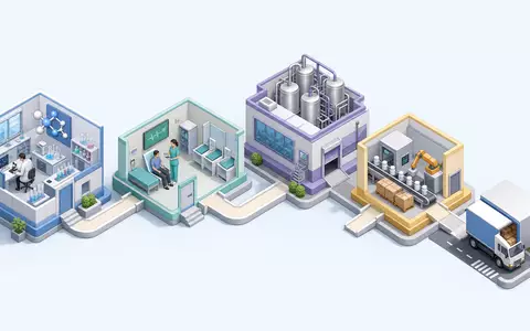 Vertex Pharma US92532F1003 illustriert die isometrische Wertschöpfungskette der Branche von Forschung bis zur Distribution - Foto: THN