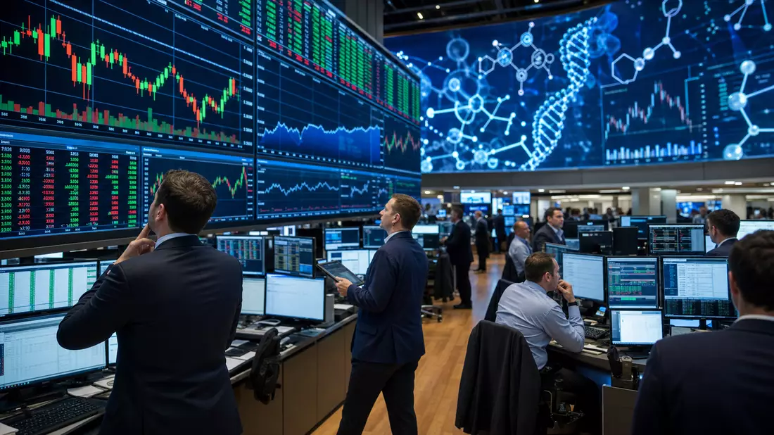 Trading-Floor mit Händlern vor großen Bildschirmen und biotechnischen Chart-Visualisierungen