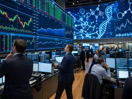 Vertex Pharma US92532F1003 zeigt einen Börsen-Trading-Floor mit Biotech-Charts und stilisierter Molekül-Datenvisualisierung im Hintergrund - Foto: THN