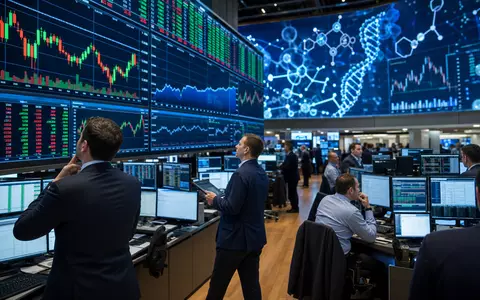 Vertex Pharma US92532F1003 zeigt einen Börsen-Trading-Floor mit Biotech-Charts und stilisierter Molekül-Datenvisualisierung im Hintergrund - Foto: THN