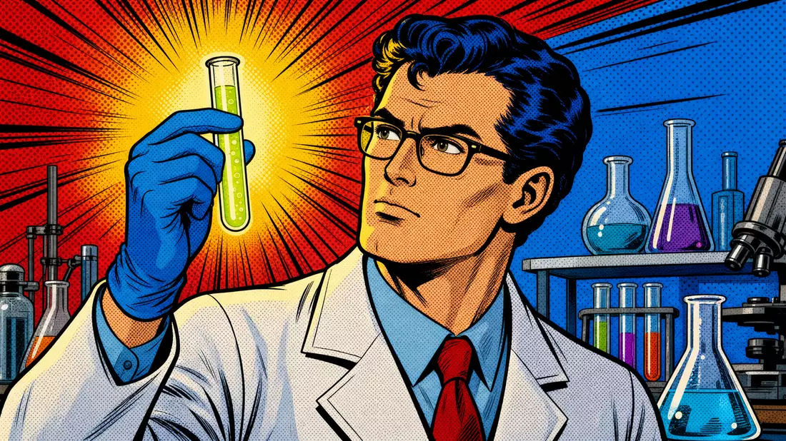 Pop-Art-Comic-Illustration eines Wissenschaftlers, der ein leuchtendes Reagenzglas hochhält
