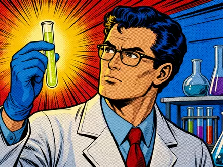 Vertex Pharma US92532F1003 zeigt eine farbenfrohe Pop-Art-Comic-Szene eines Wissenschaftlers mit leuchtendem Reagenzglas - Foto: THN