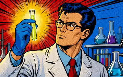 Vertex Pharma US92532F1003 zeigt eine farbenfrohe Pop-Art-Comic-Szene eines Wissenschaftlers mit leuchtendem Reagenzglas - Foto: THN