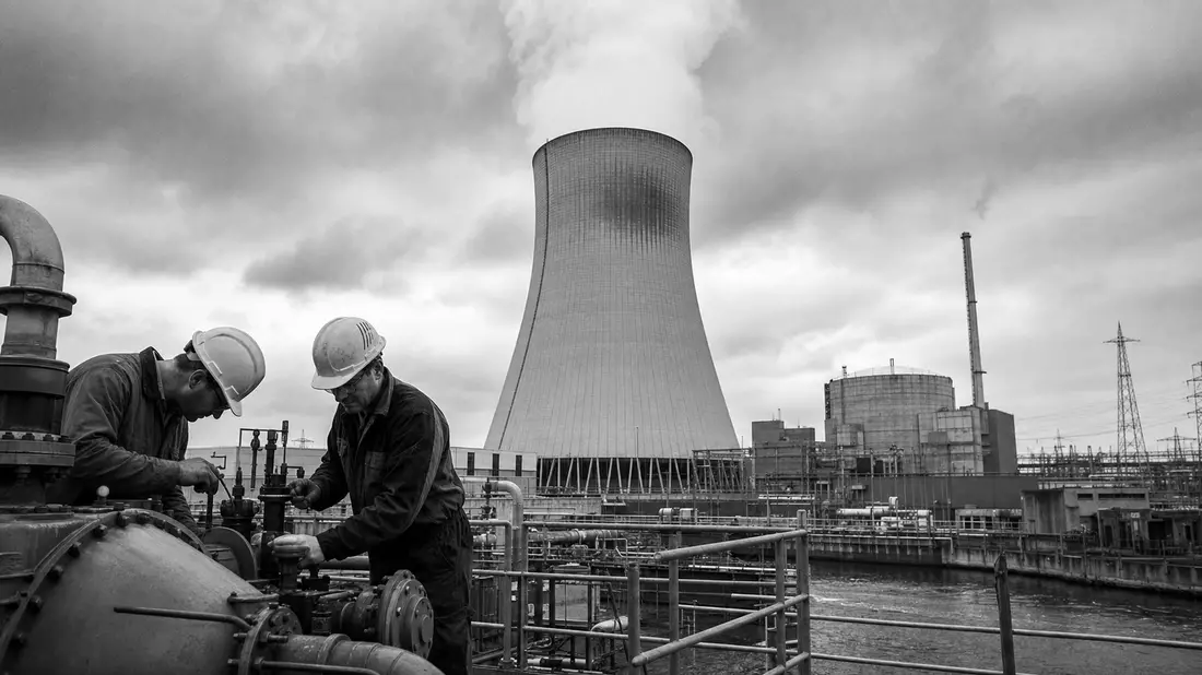 Schwarzweiß-Reportagefoto von Technikern an einem Kernkraftwerk mit Kühlturm