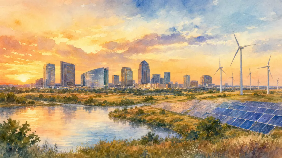 Aquarellmalerei einer Skyline in Texas mit Windrädern und Solarfeldern bei Sonnenaufgang