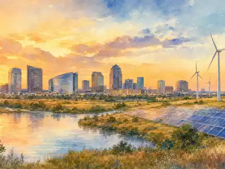 Vistra Corp. (ISIN US92840V1017) hat seinen Sitz in Texas, künstlerisch als Aquarell mit Windpark dargestellt - Foto: THN