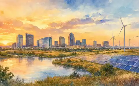 Vistra Corp. (ISIN US92840V1017) hat seinen Sitz in Texas, künstlerisch als Aquarell mit Windpark dargestellt - Foto: THN
